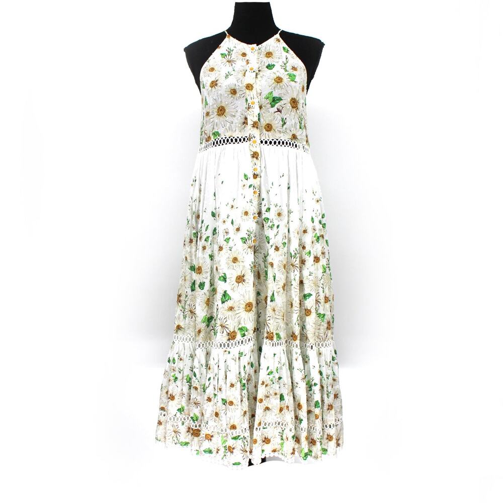 Farm Rio Margarete Daisey Floral Racerback Midi Dress Xs Sleeveless Ruffle Midi